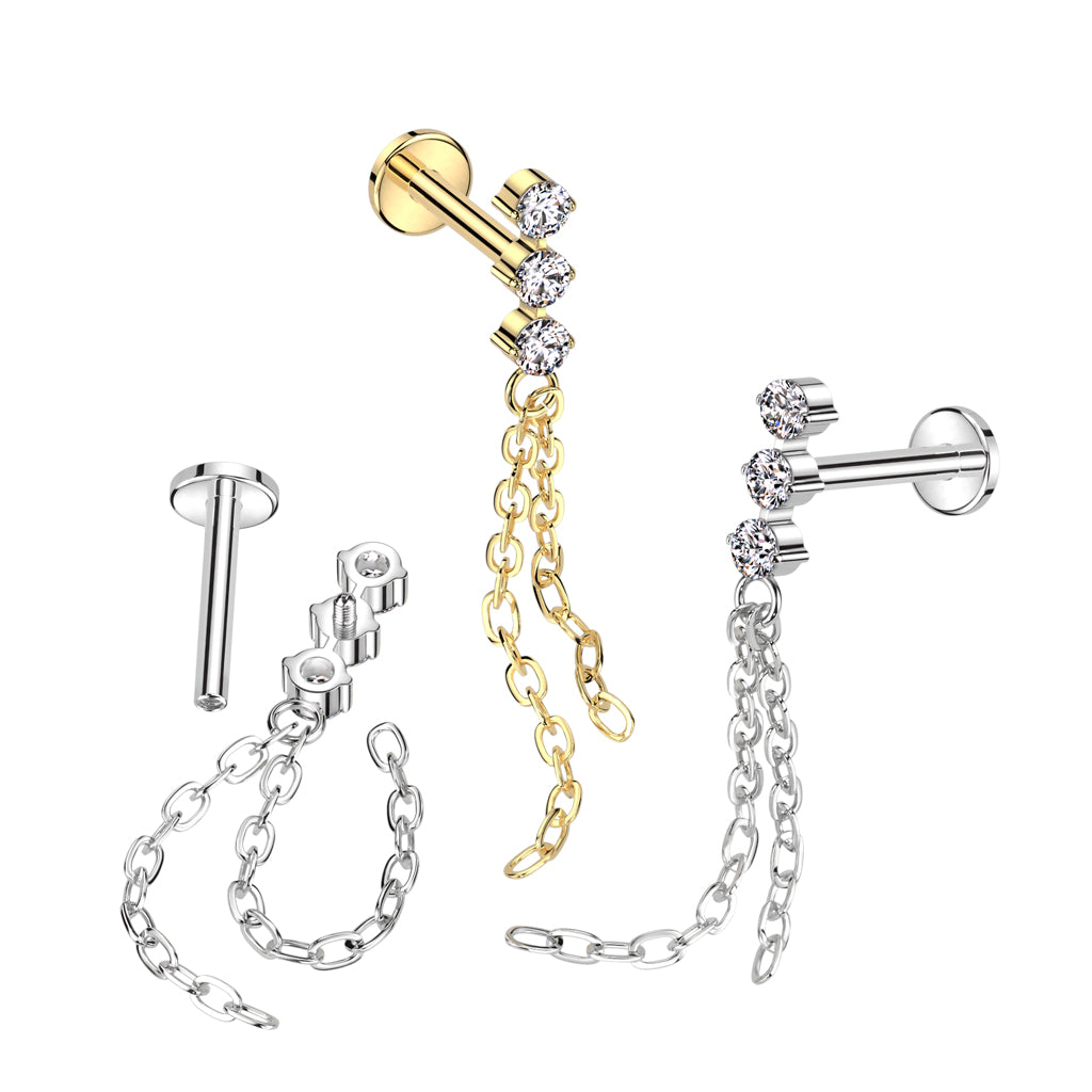 16G Titanium Internally Threaded Labret W/ 3 CZ and Double Chain Dangle